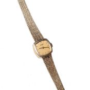 Damenarmbanduhr Anker 585er GG. Schlichtes rechteckiges Uhrengehäuse, gestricktes Gloldband.