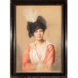Retemeyer, Fanny Malerin 19./20.Jh. Porträt einer jungen Frau mit schwarzem Hut. Kreidepastell. Re.