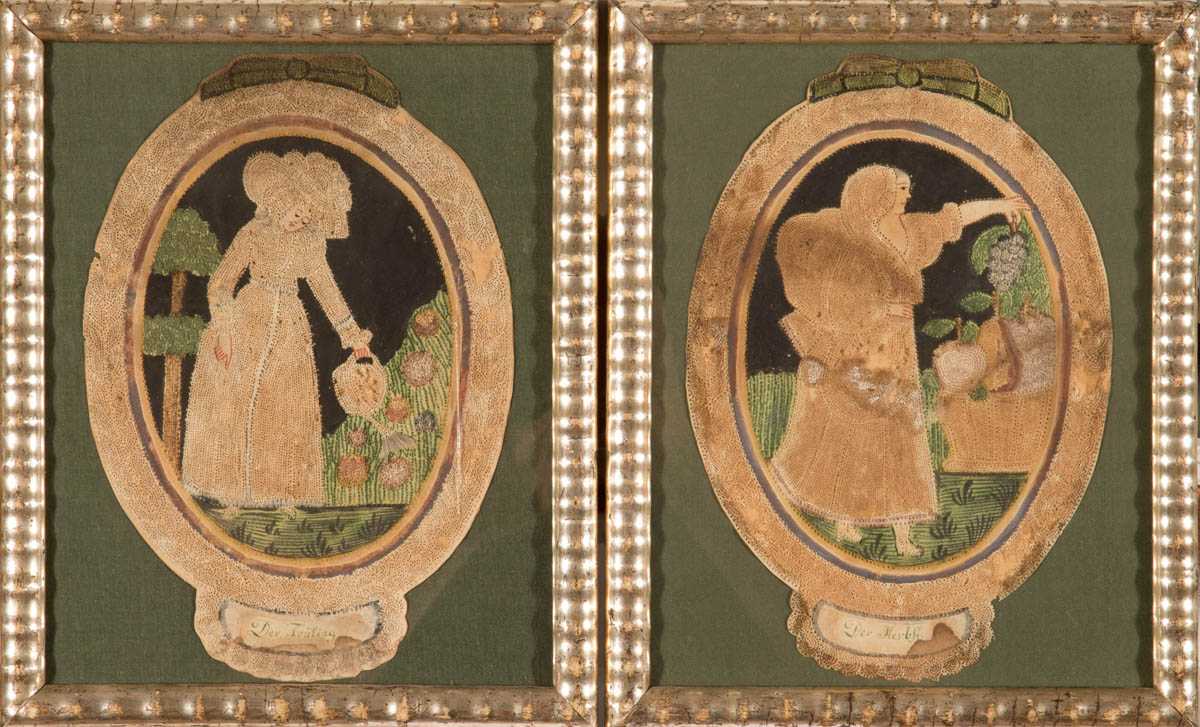 Paar Nadelstichbilder 18. Jh. Aquarell auf Papier, Darstellung einer Allegorie auf den Herbst bzw.