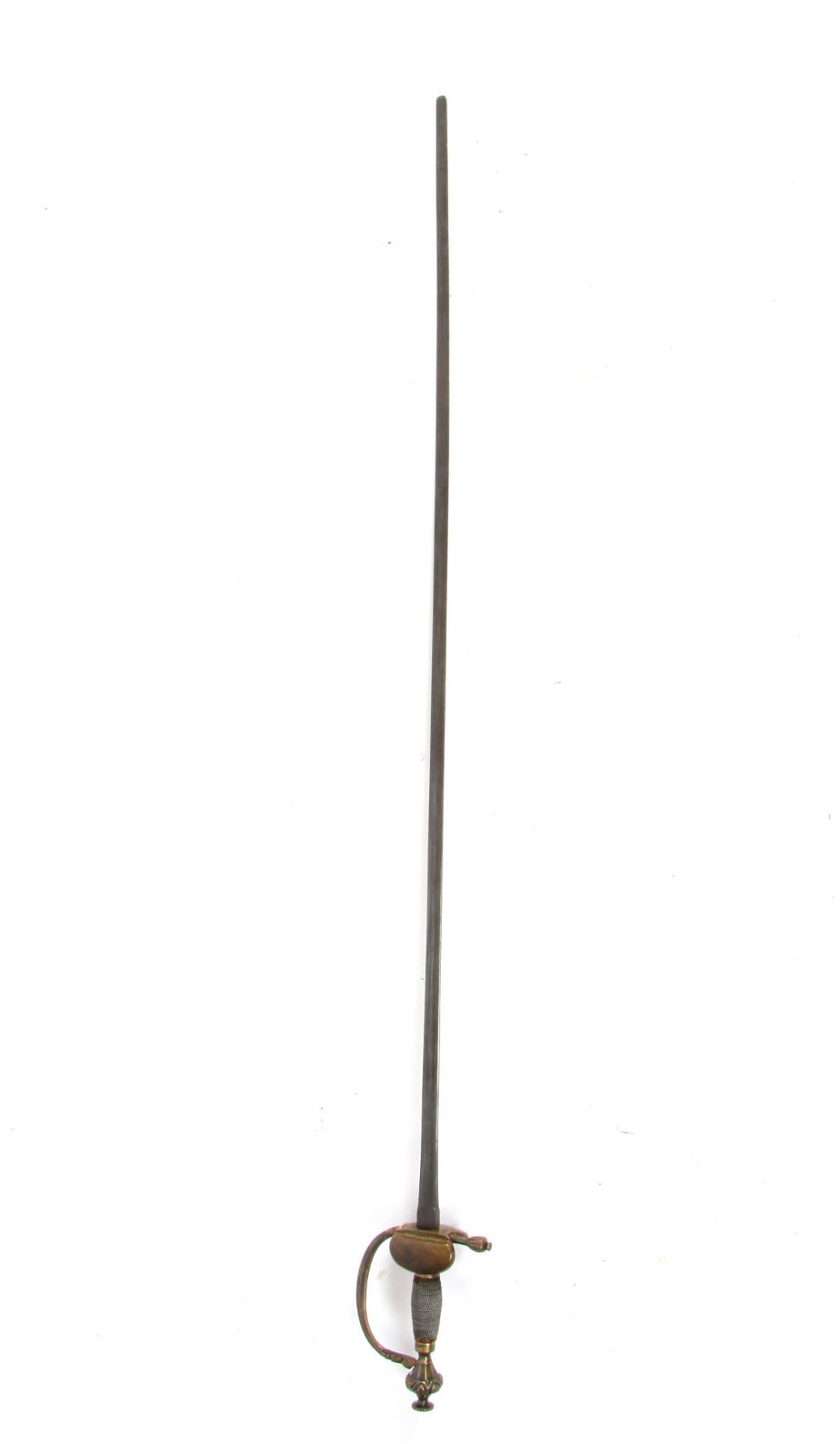 Degen Zweischneidige Klinge Klappbügelgefäß aus Messing, offener Griff. L.: 97 cm.