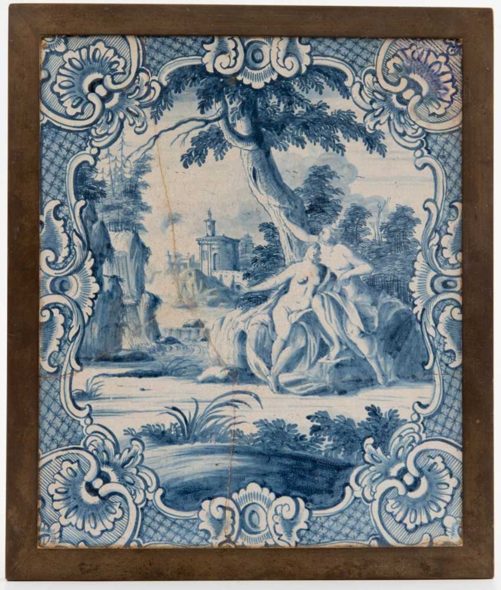 Bildtafel mit mythologischer Szene,Portugal 18. Jh Fayence unter der Glasur blau bemalt. (Azulejo)