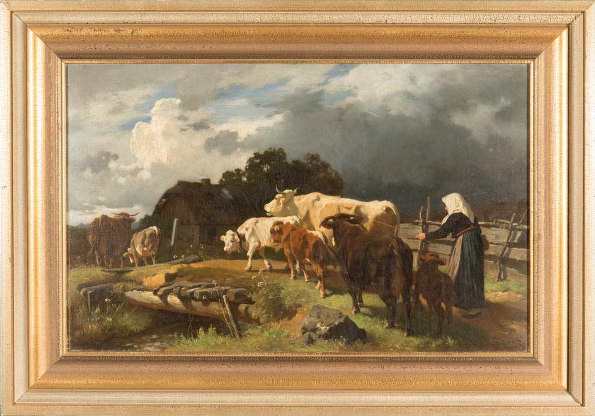 Roux, Karl 1826 - 1894, Tiermaler des 19.Jhs. Bäuerin ihre Kuhherde vor dem Gewitter ins Dorf