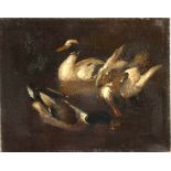 Tiermaler des 19. Jh. Drei Enten in einem Teich, zwei ringen um den Frosch als Beute. Öl/Leinwand.