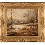 Englischer Landschaftsmaler 19. Jh. Zwei Männer in einer Winterlandschaft einen Fuchs jagend. Öl/