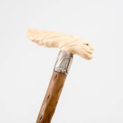 Spazierstock, Jugendstil um 1900 Griff aus Bein geschnitten in Form eines Bartmannkopfes mit