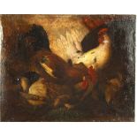 Tiermaler des 19. Jh. Formatfüllend werden Hühner und ein Hahn zwischen Kohlblättern dargestellt. 60