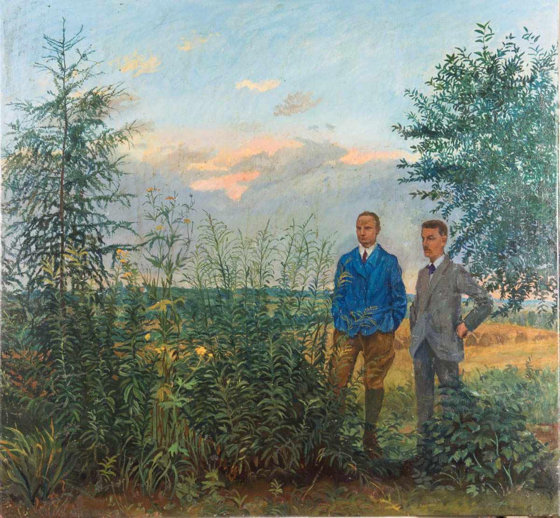 Riege, Rudolf (1892 Hameln - 1959 ebenda) Gutsbesitzer im Gespräch, 1926, Öl auf Leinwand, 93 x 99