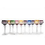 10 Weinrömer, Bartmann Cristall Farbloses Kristallglas in 6 verschiedenen Farben überfangen, Kuppa