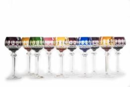 10 Weinrömer, Bartmann Cristall Farbloses Kristallglas in 6 verschiedenen Farben überfangen, Kuppa