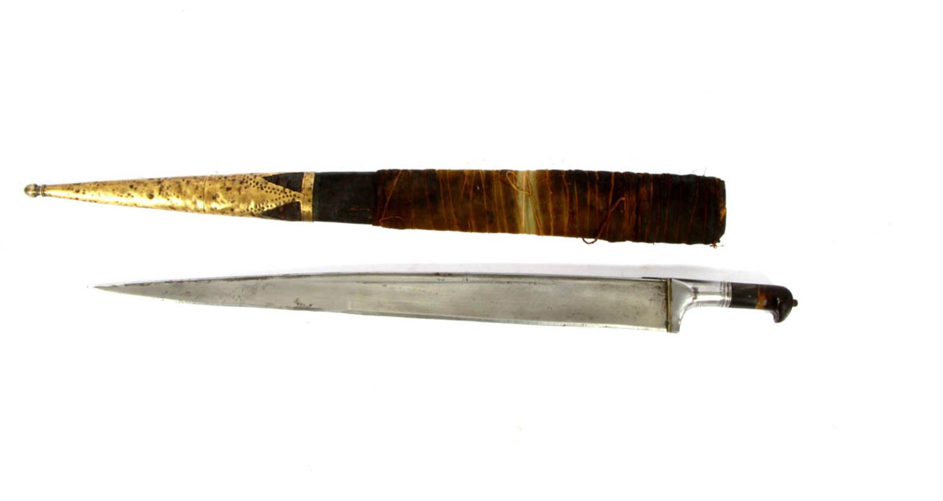 Khybermesser, Afghanistan Rückenklinge, Pistolengriff aus Holz, Scheide aus Leder umwickelt,
