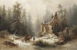 Albert Rieger 1834 Triest - 1905 Wien Winter an der alten Kapelle Öl auf Lwd, doubliert; H 76,5