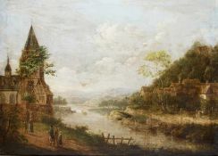 Deutsche Schule um 1800 Romantische Flusslandschaft Öl auf Lwd, doubliert; H 54,5 cm, B 75 cm German