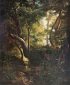 Ludwig Willroider 1845 Villach - 1910 Bernried Romantische Waldlichtung Öl auf Lwd; H 107 cm, B 87