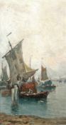 R. Poncelet Maler des 19. Jh. Im Fischereihafen Öl auf Holz; H 47,5 cm, B 26 cm; signiert u. l. "