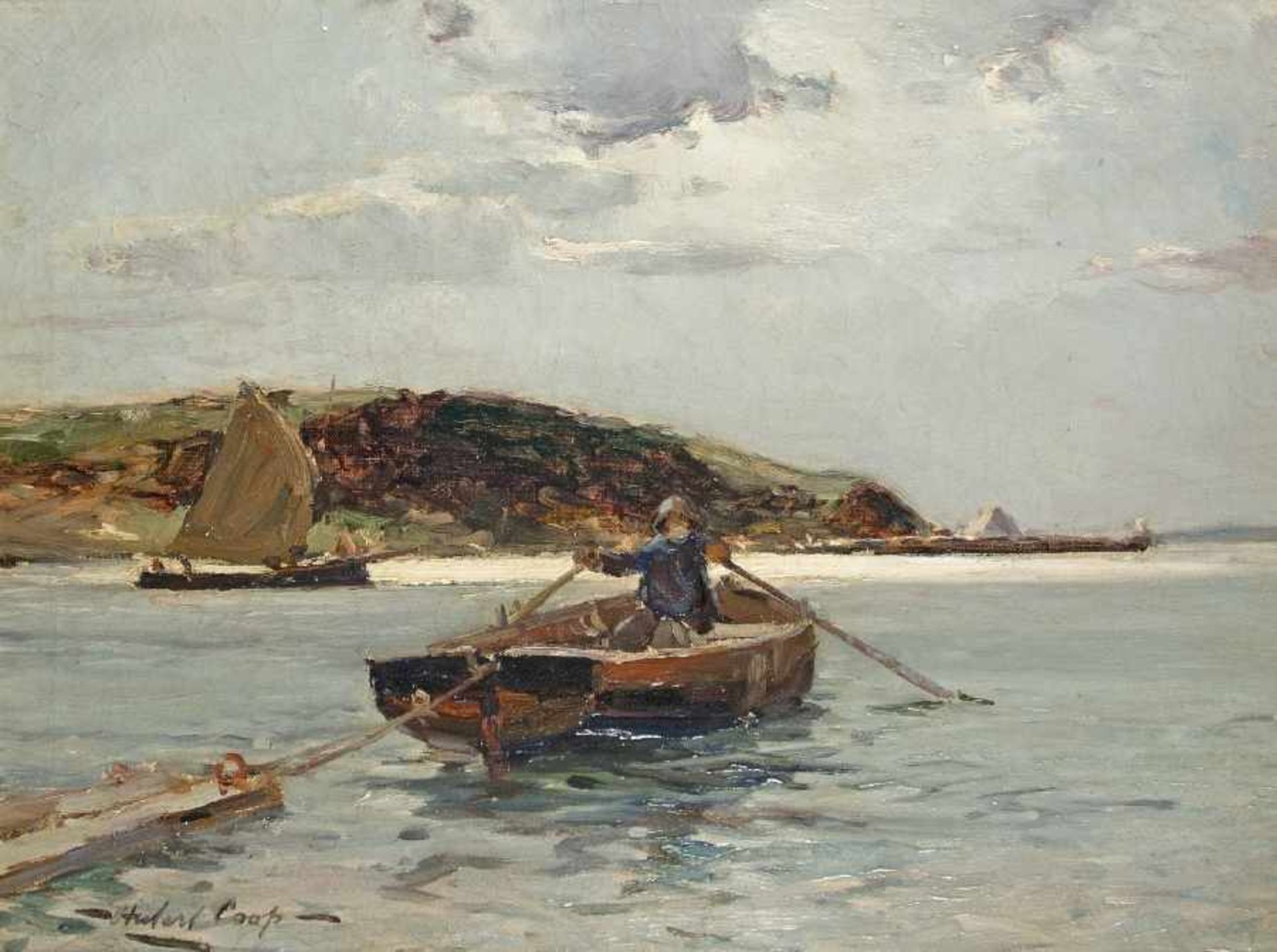 Herbert Cooß Maler des 19. Jh. Fischerboot vor dem Strand Öl auf Lwd, 1913; H 35,5 cm, B 46,5 cm;