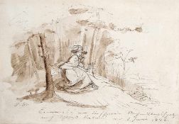 Theodor Mintrop 1814 Essen-Werden - 1870 Düsseldorf Junge Frau im Wald Tusche, laviert auf Papier; H