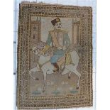 Bilderteppich um 1900, Darstellung eines persischen Herrschers zu Pferd, Laufstellen, teilweise