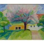 Härtel, Hans Augsburg 1912-1990, Öl auf Karton, "gelbes Haus mit Apfelbaum", Gemälde war Bestandteil