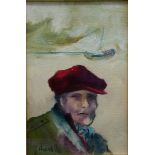 Di Carlo, Guido Öl auf Malerpappe, ausdrucksstarkes Männerporträt am Strand vor einem Boot, kräftige
