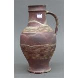 Henkelkanne Keramik, braun, Lipp, Mering, Reliefdekor, 20.Jh., h 34 cm,