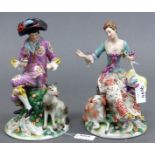 Paar Porzellanskulpturen vornehmer Herr mit Hund, Dame mit Blüten und Schaf, bestossen, Thüringen,