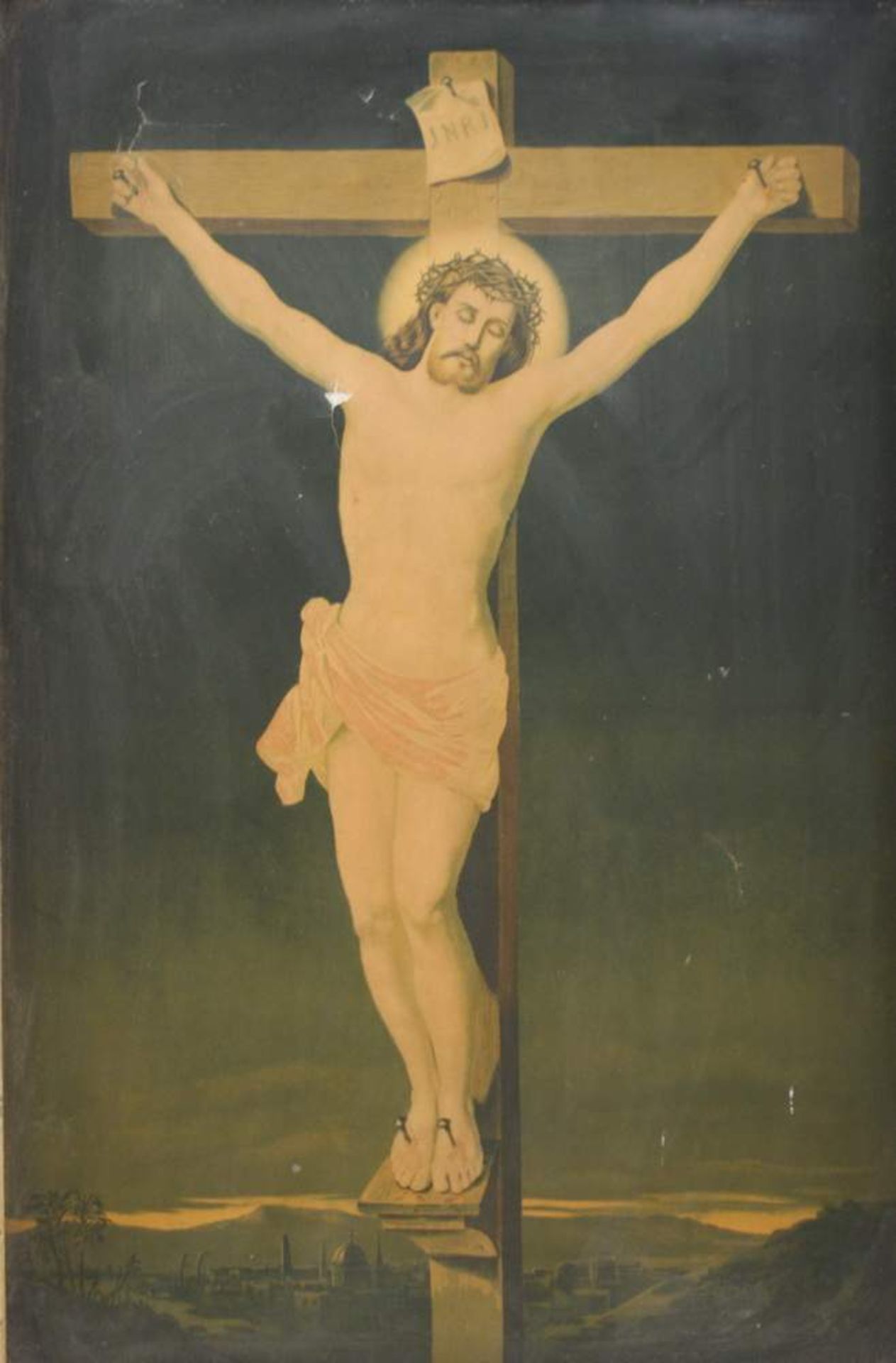 RAHMENHolz geschnitzt und gold, mit Druck des Christus am Kreuz, besch., o. R. H 78 x B 52 cm, m. R. - Bild 2 aus 3