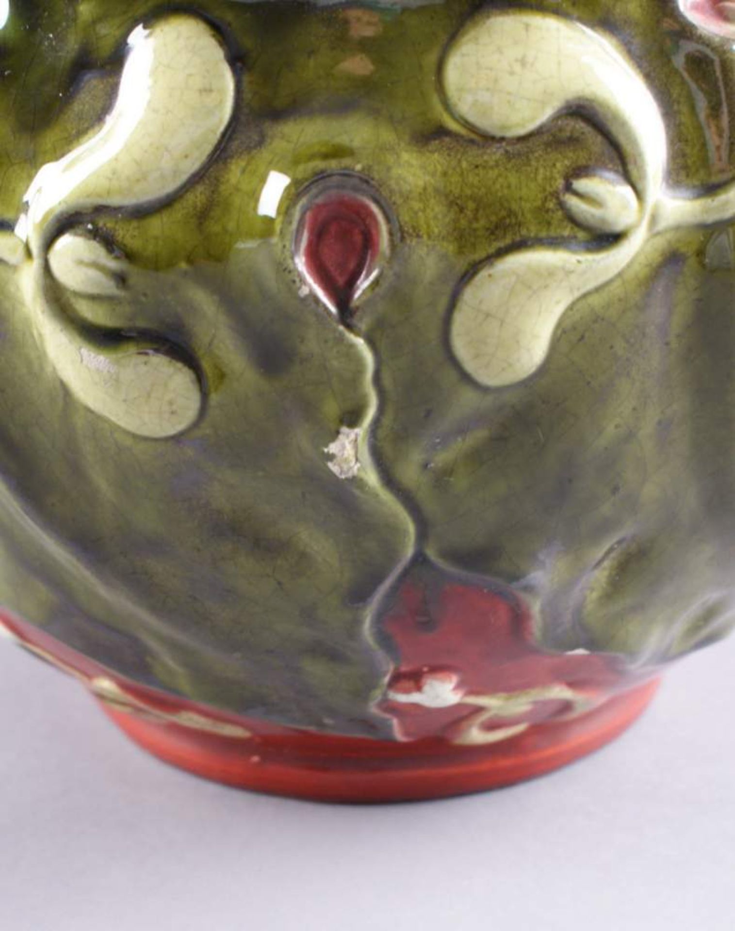 JUGENDSTIL VASE grün glasierte große Schale, besch., H 23 x Durchmesser 29 cm - Bild 3 aus 6