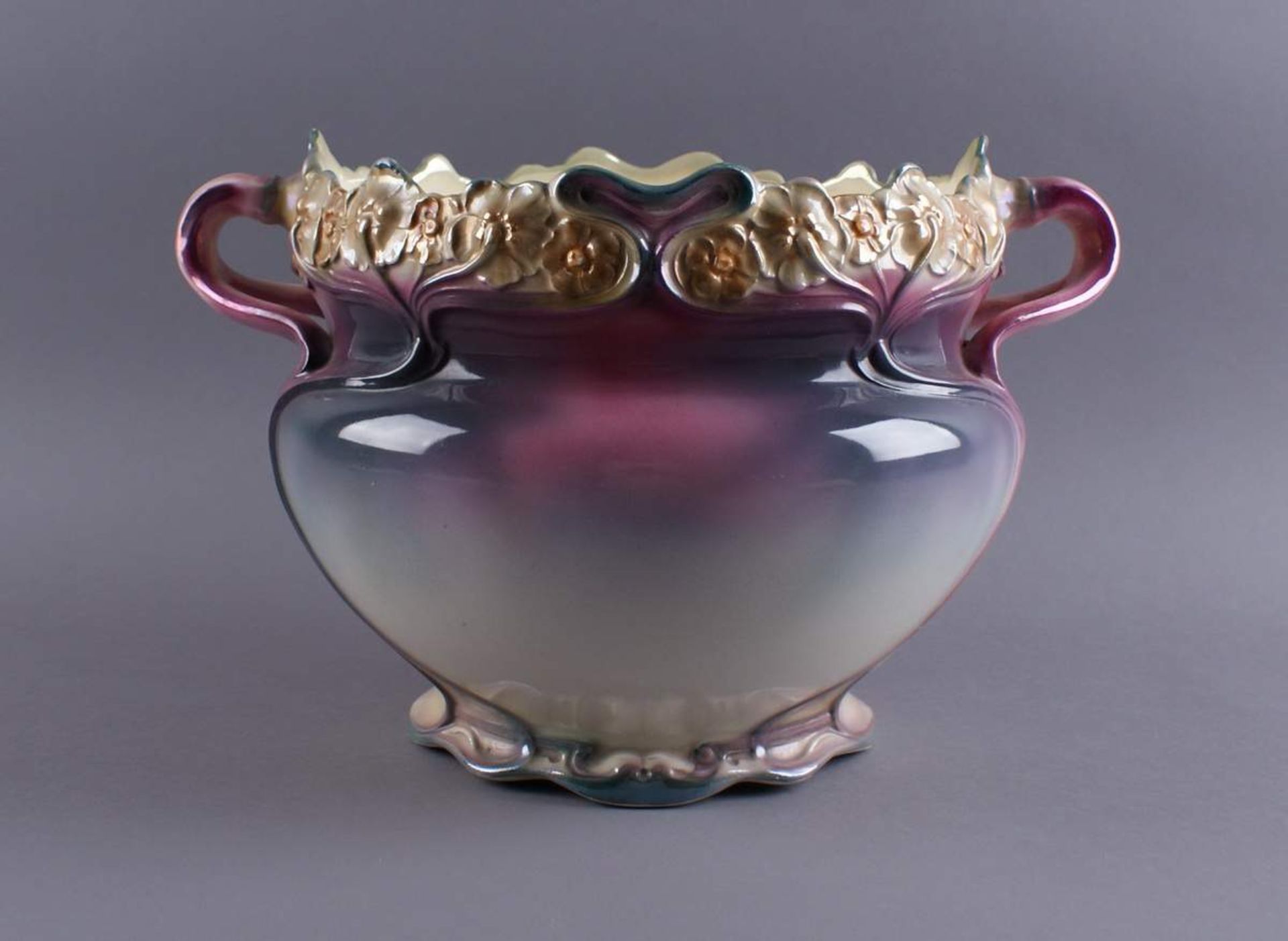 JUGENDSTIL VASE glasierte große Schale mit zwei Handhaben, unterseitig bez., H 23 x B 37cm - Bild 2 aus 9