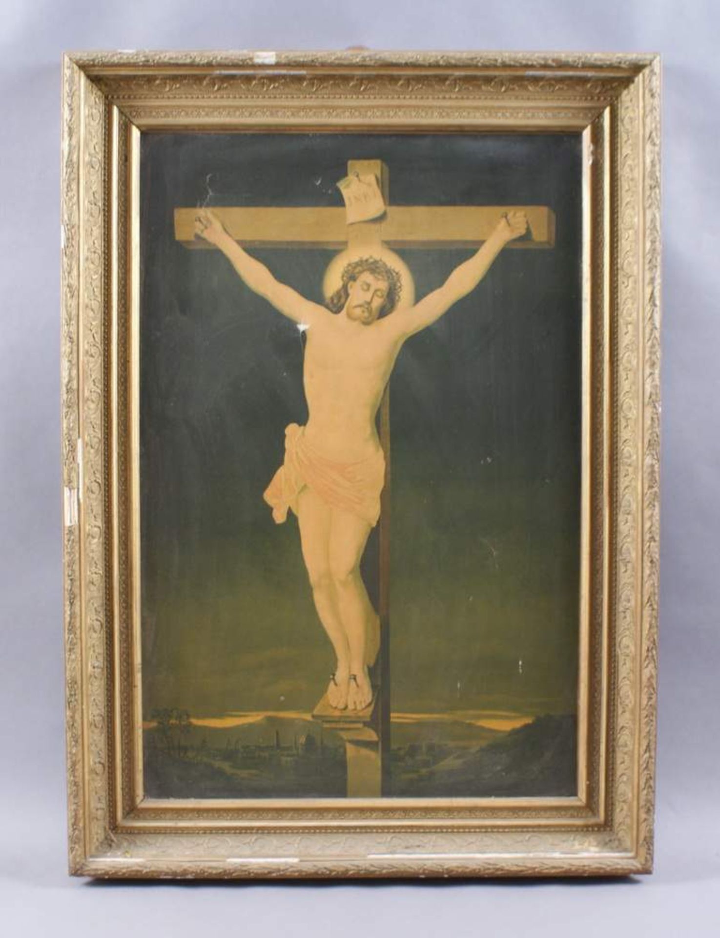 RAHMENHolz geschnitzt und gold, mit Druck des Christus am Kreuz, besch., o. R. H 78 x B 52 cm, m. R.