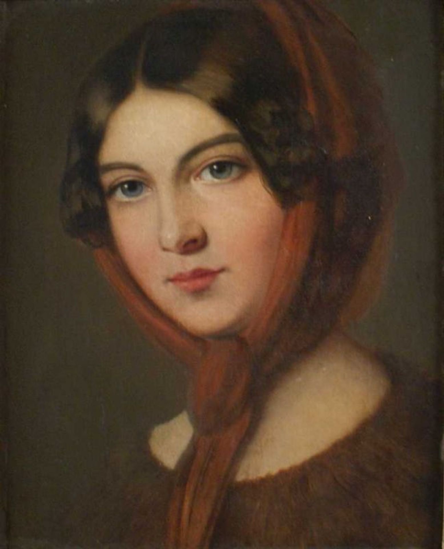 DAMEN-PORTRAIT 19. JH, Öl / Leinwand / Karton, Biedermeier-Portrait einer jungen Frau mit