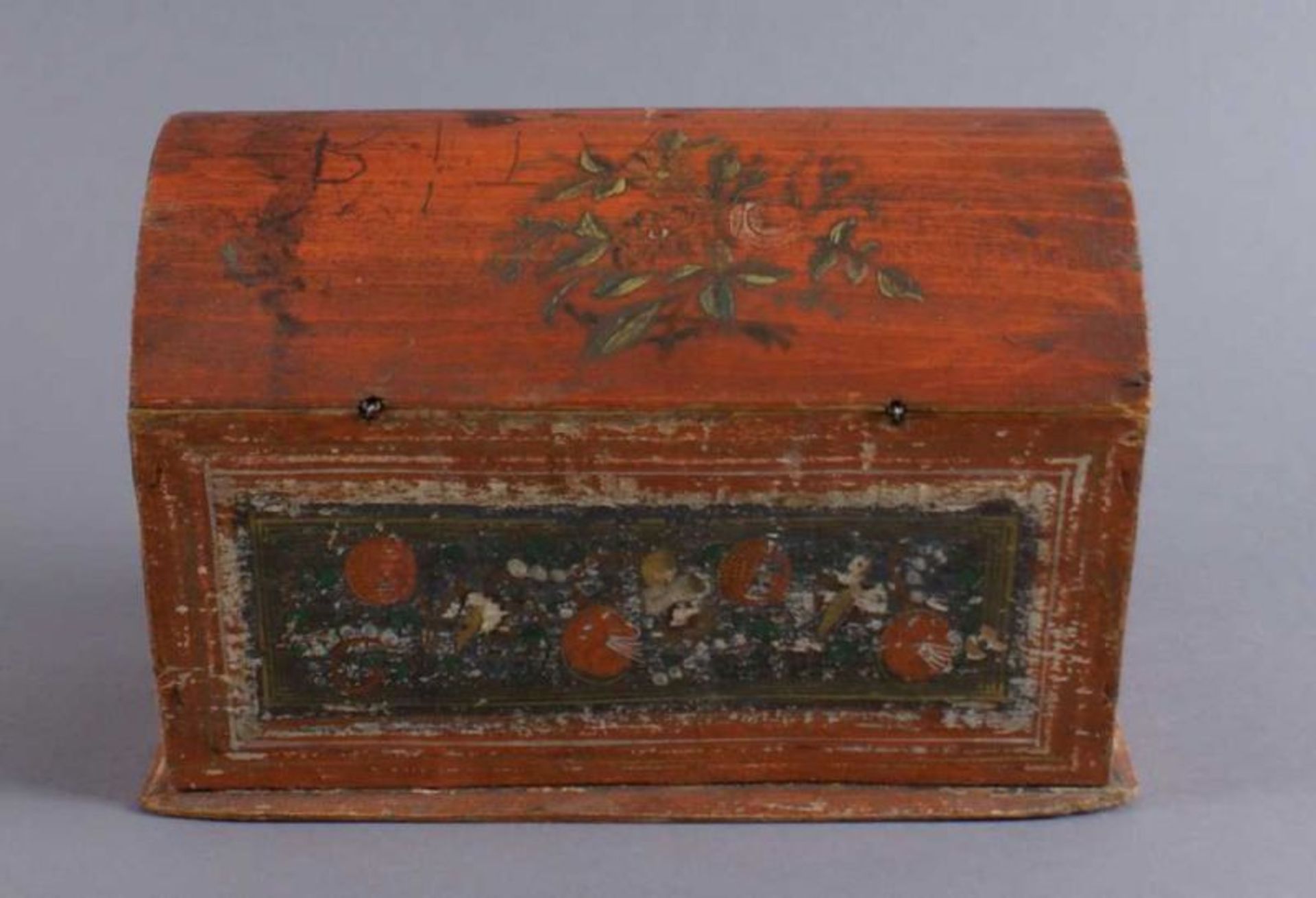 MINIATUR HOLZTRUHE 19. JH, kleine Holztruhe, original bemalt, mit floralem Dekor, H 15,5 x B 22,5 - Bild 9 aus 10