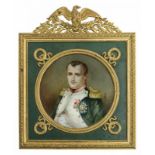 Miniatur Frankreich, 19. Jh. Aquarell. Brustporträt Napoleons. Rechteckiger Messingrahmen mit rundem