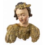 Cherub mit Haarband Oberbayern, 18. Jh. Vollplastischer Kinderkopf mit zwei Blüten im Haar. Holz,