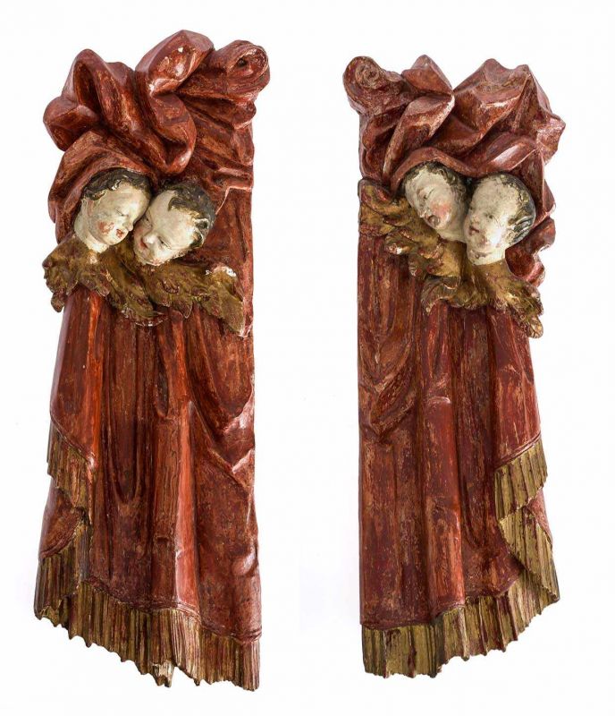 Zwei Altardraperien mit Engelskopfpaar Bayern, 18. Jh. Jeweils zwei fein modellierte Engelsköpfe