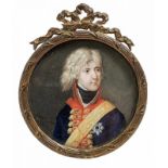 Miniatur Valentini, deutsch, dat. 1769. Brustporträt eines jungen Offiziers. Rund, Messingrahmen mit