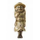 Stab-Netsuke Japan, 19. Jh. Figur des Shoki mit gestäubtem Bart, Hut, Pfeil und Bogen. Bein. H. 7