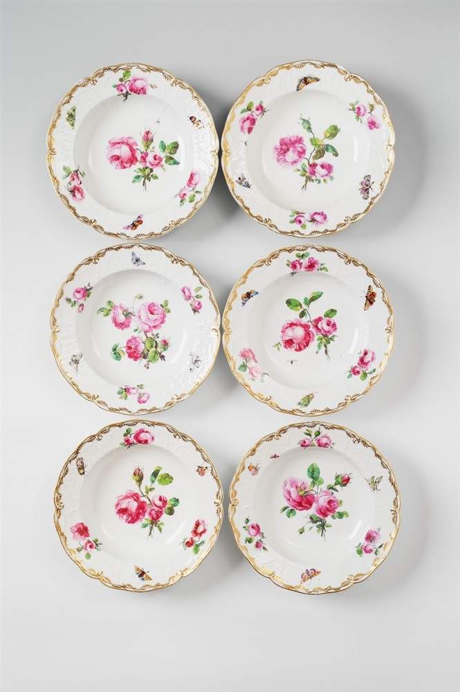 Six Berlin KPM porcelain plates with rose decor Decorated to the centre with a large rose bouquet