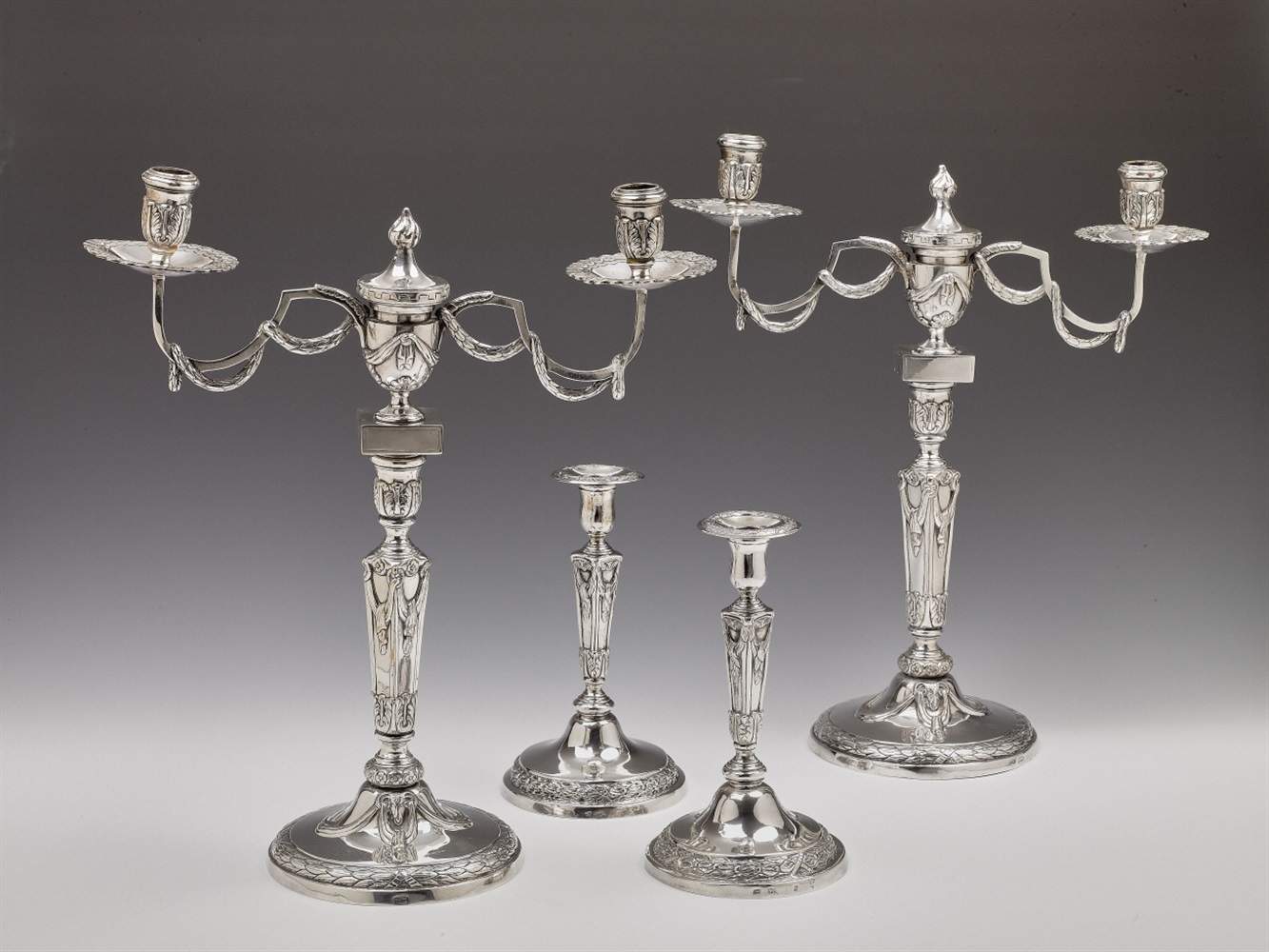 A pair of Berlin argent laché candelabra with Königsberg silver candle holders. Marks of Johann Wilh