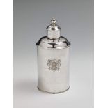 A Berlin silver tea caddy. The body engraved with a coat-of-arms, the base monogrammed "H.v.T.". Mar