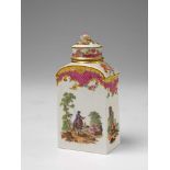An early Berlin KPM porcelain tea caddy With scale pattern decor, "deutsche blumen" and couples in