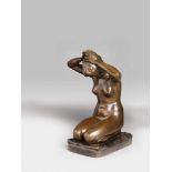 A bronze sculpture of a girl tying her hair Brown patinated hollow cast bronze with iron supports.
