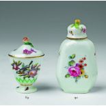 A small Berlin KPM porcelain tea caddy Decorated with "deutsche blumen". Blue sceptre mark,