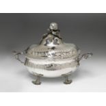 A Berlin rococo partially gilt silver covered tureen. Marks of Gebrüder Müller, ca. 1760. W 43; D
