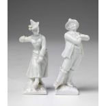 Two Berlin KPM white glazed porcelain commedia dell'arte figures Blue sceptre mark. H 9 cm. Ca.