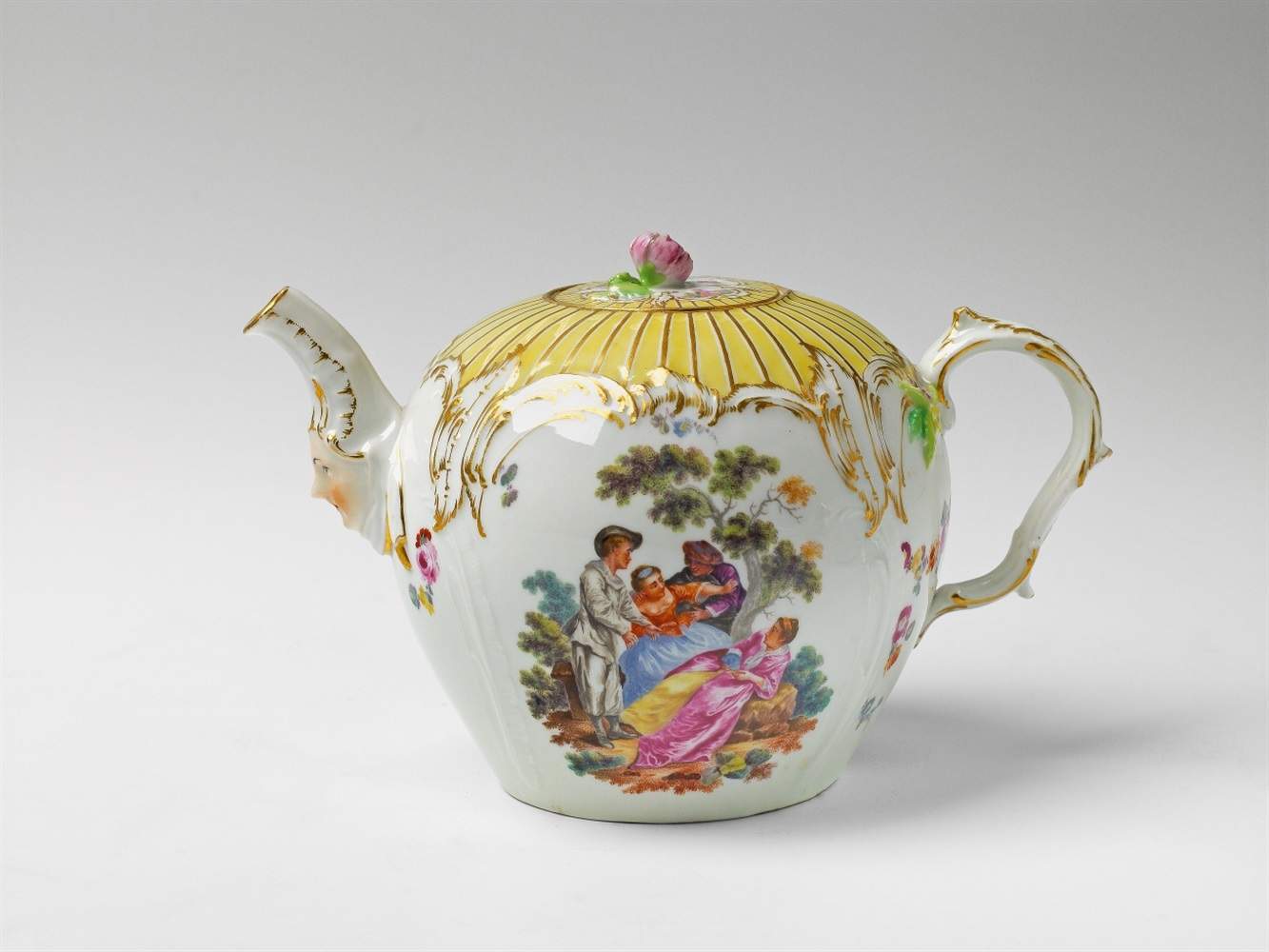 A Berlin KPM porcelain teapot with scenes after Watteau The upper section decorated with gilt