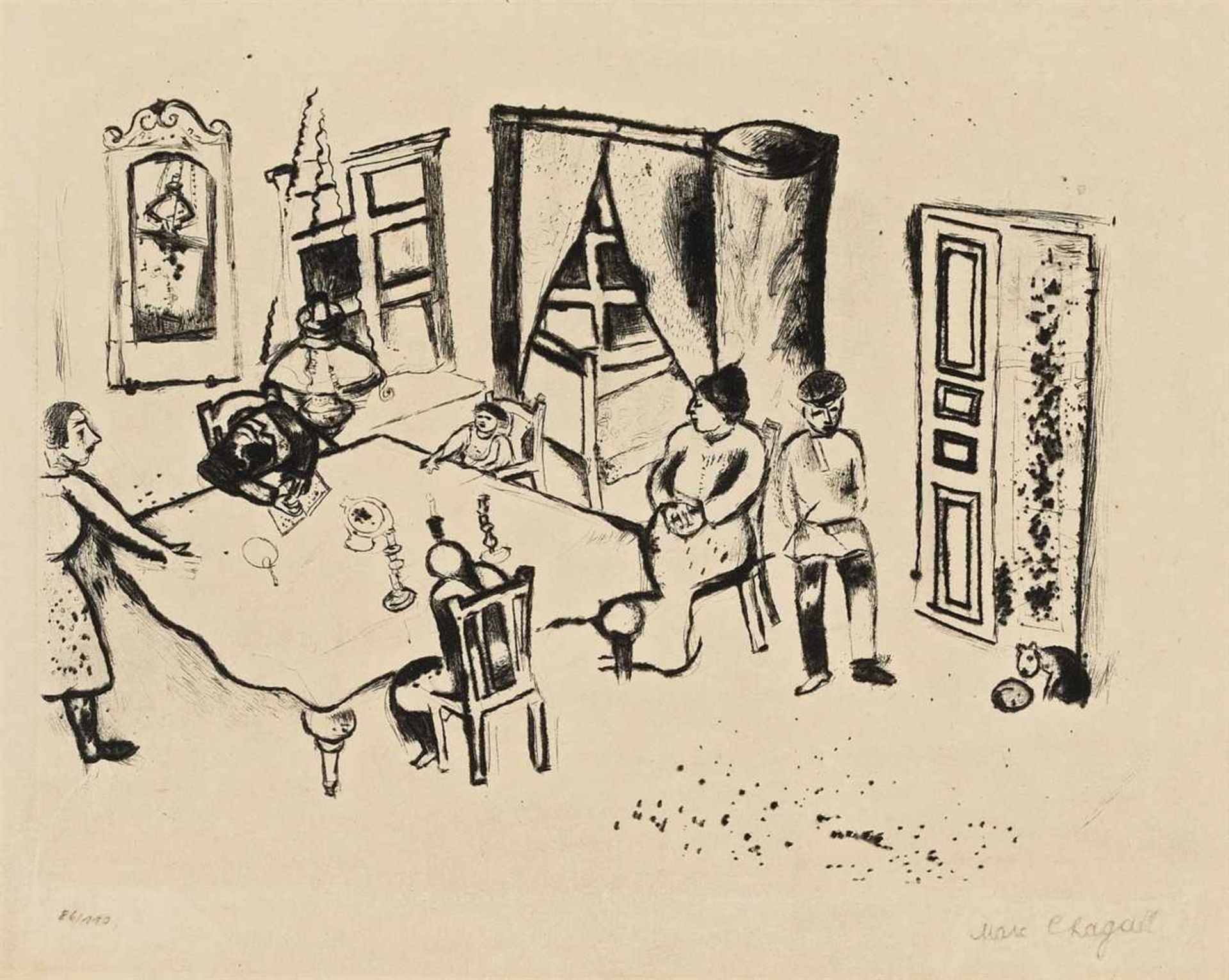 Marc ChagallSpeisezimmer Kaltnadelradierung auf cremefarbenem Bütten. 27,6 x 21,7 cm (44,4 x 33 cm).