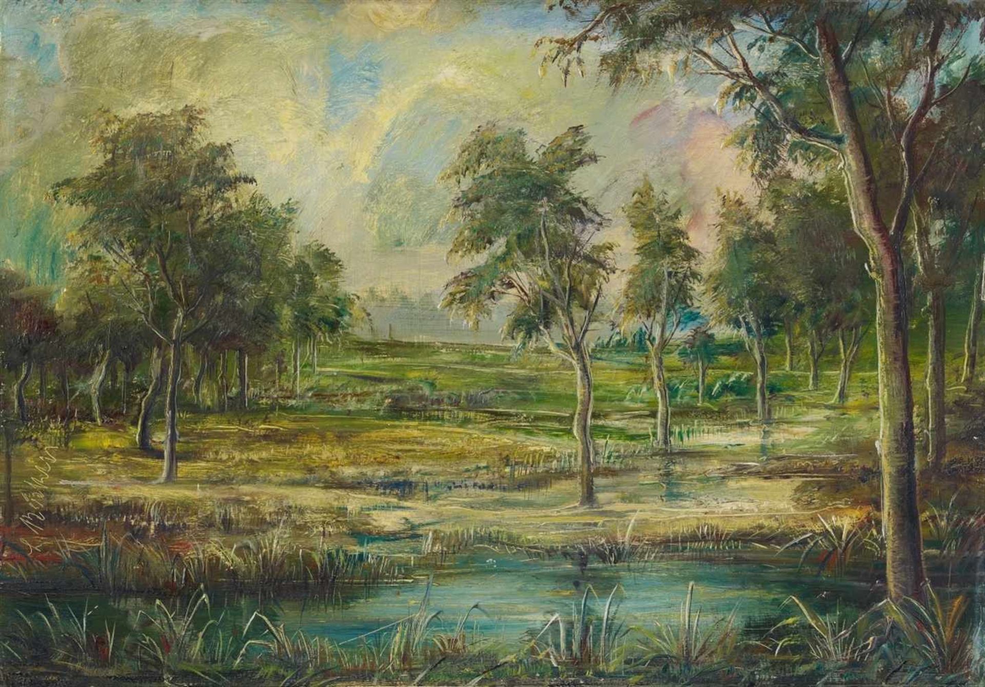 Lorenz BöskenBaumlandschaft Öl auf Papier, vom Künstler auf Hartfaserplatte aufgezogen. 51 x 72,8