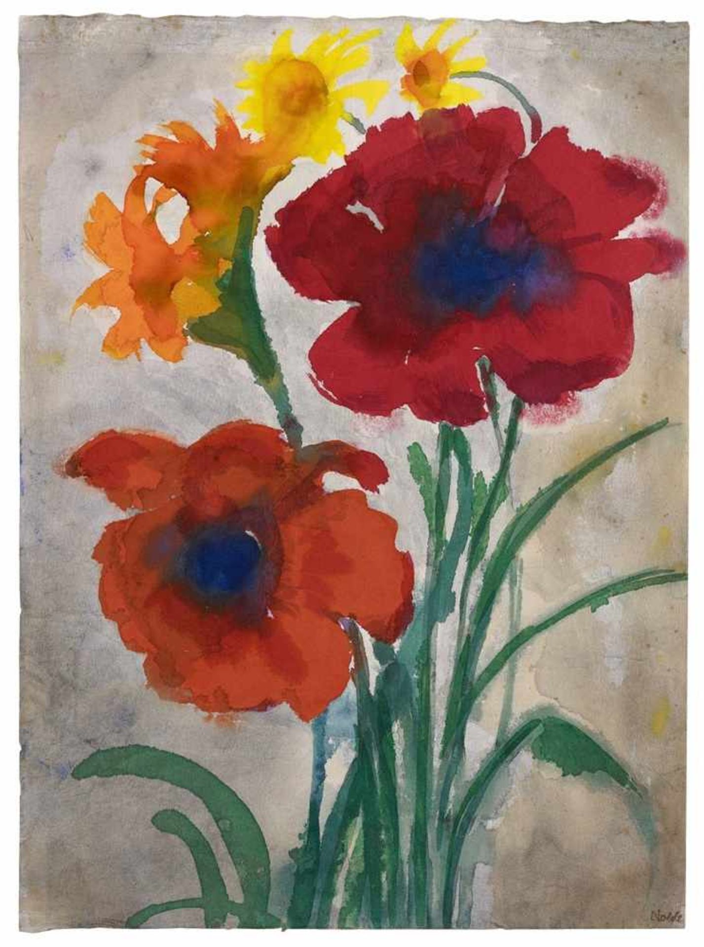Emil NoldeRoter Mohn (Mohnblumen, Iris und Sonnenhut)Aquarell auf Japanpapier. 47 x 34,5 cm. Unter