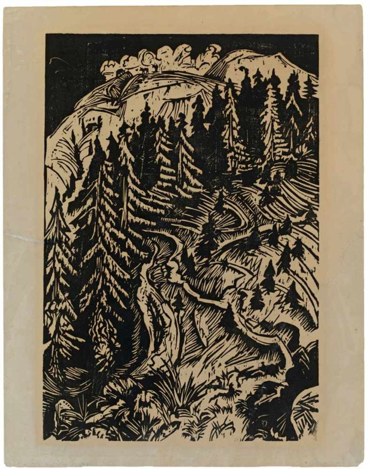 Ernst Ludwig KirchnerDrei Wege Original-Holzschnitt auf chamoisfarbenem dicken Velin. 50 x 33,7