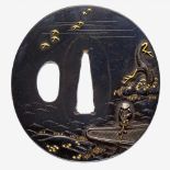 Tsuba. Shakudô. Edo. Frühes 19. Jh. Sign.: Iwamoto Konju Oval. Auf glattem Grund in farbigem